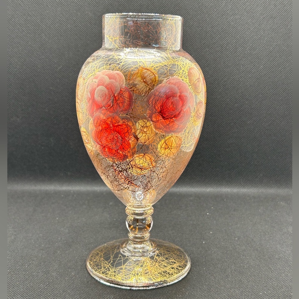 Vintage Pink Roses & Gold Filigree Pedestal Vase